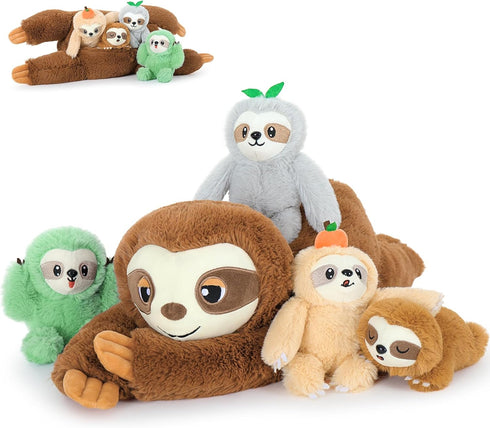 Tezituor Sloth Plush Toy Set of 5, Mommy Sloth Stuffed Animal with 4 Plush Sloth Babies, Gifts for Kids Age 3-9