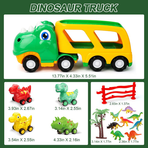 TOY Life Toddler Car Toy - Dinosaur Transport Carrier Truck with 4 Pull Back Dinosaur Cars for Ages 1+