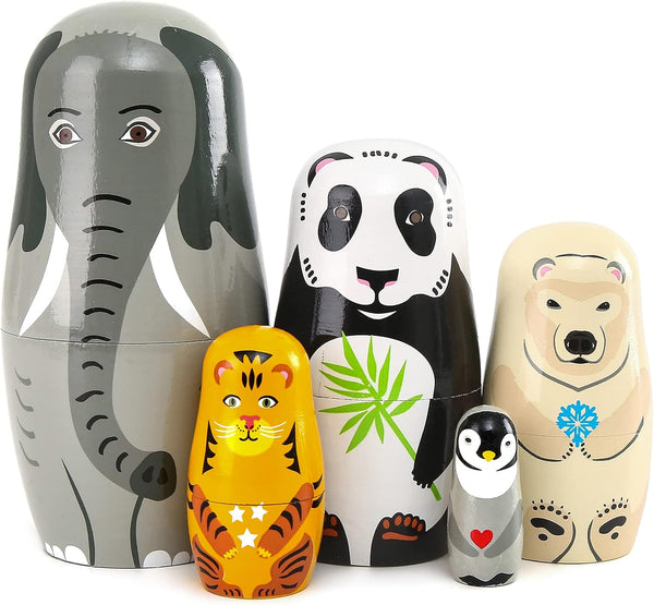 Bgraamiens Nesting Dolls Russian Matryoshka Wood Stacking Dolls for Kids, Handmade Toys (Animals)