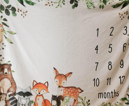 Woodland Baby Monthly Milestone Blanket, 50"x40", Growth Chart with Woodland Animals, Includes Marker
