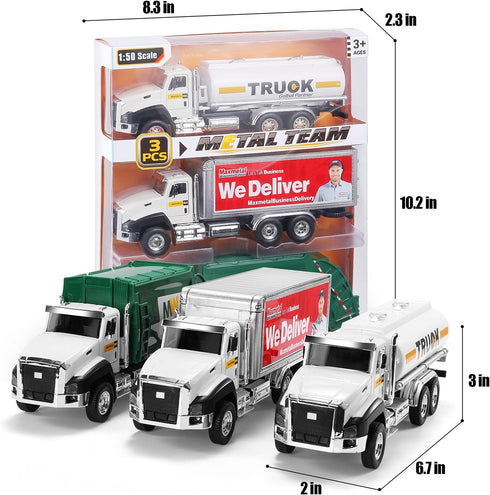 TEMI 3 Pack of Diecast City Transport Vehicles - Garbage, Tanker, Express Delivery, 1/50 Scale Metal Models with