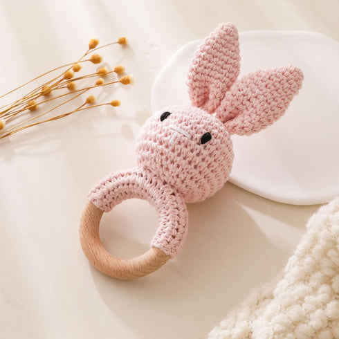 Wooden Baby Rattle, Crochet Bunny Rattle with Wood Ring, Newborn Animal Toy, Infant Pink Bunny Wood Rattle (Bunny-3)