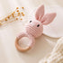 Wooden Baby Rattle, Crochet Bunny Rattle with Wood Ring, Newborn Animal Toy, Infant Pink Bunny Wood Rattle (Bunny-3)