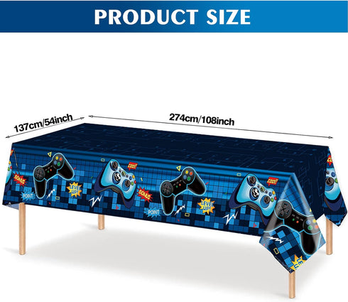 Video Game Rectangular Tablecloth, 3 Pcs Blue PE Plastic Disposable for Boys Gamer Birthday Party