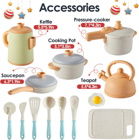 BUYGER Pretend Play Kitchen Accessories Set, Cookware Pots and Pans Cooking Utensils Playset for Kids