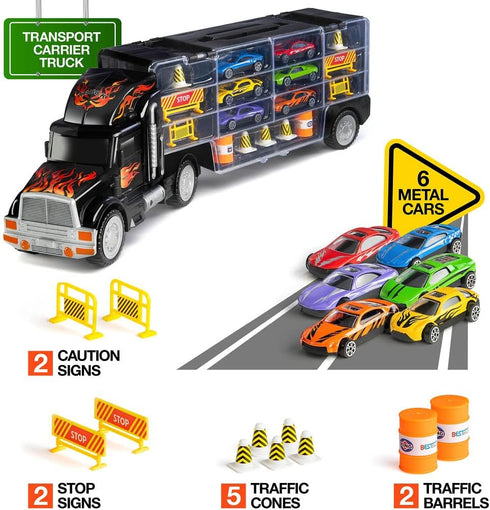 6 28 Play22 Toy Truck Car Carrier - Includes Toy Cars and Accessories, Fits Toy Car Slots - Great Gift for Boys