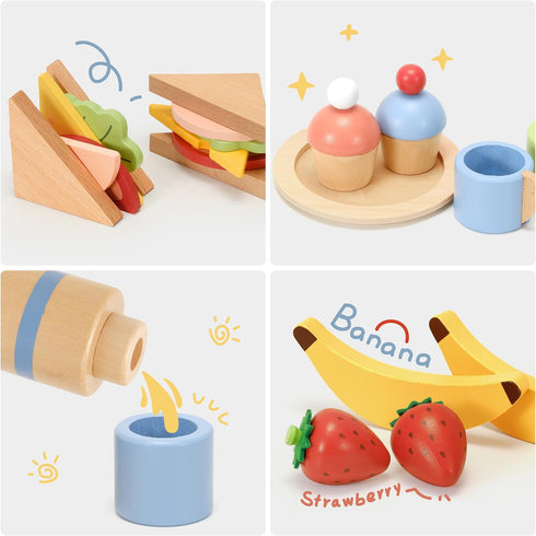 Set 30-Piece 3+ Pillowhale Wooden Play Food for Kids, Pretend Picnic Toy with Sandwiches, Fruits, Cups, Plates