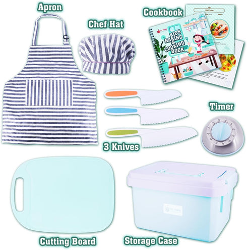 JOY TOWN Set JoyTown Kids Cooking and Baking with Storage Case Real Cooking Supplies with Cookbook, Knives, Timer, Kids