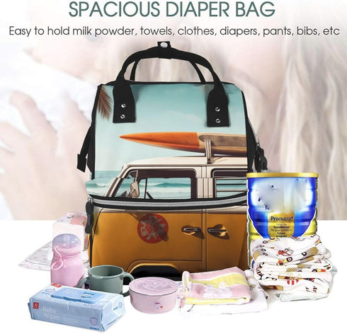 HCBPWVQA Backpack Daypacks Vintage Van in The Beach with a Surfboard Print Diaper Bag Multifunction Laptop Travel Large