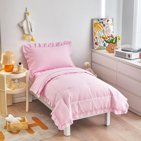 4 Pieces Pink Toddler Bedding Set with Ruffle Fringe, Solid Color Toddler
