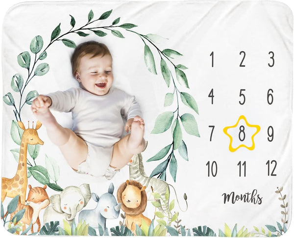 Baby Monthly Milestone Blanket Boy - Personalized Jungle Animals Newborn Month Blanket, 51''x40'' Nursery Decor