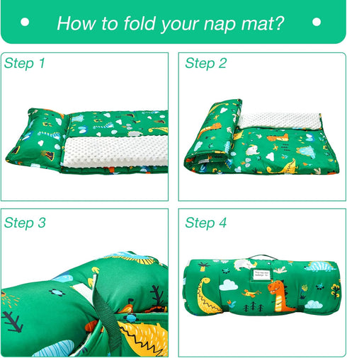beeweed Toddler Nap Mat, Rollup Kid Sleeping Mat with Removable Pillow & Minky Blanket for Daycare Travel