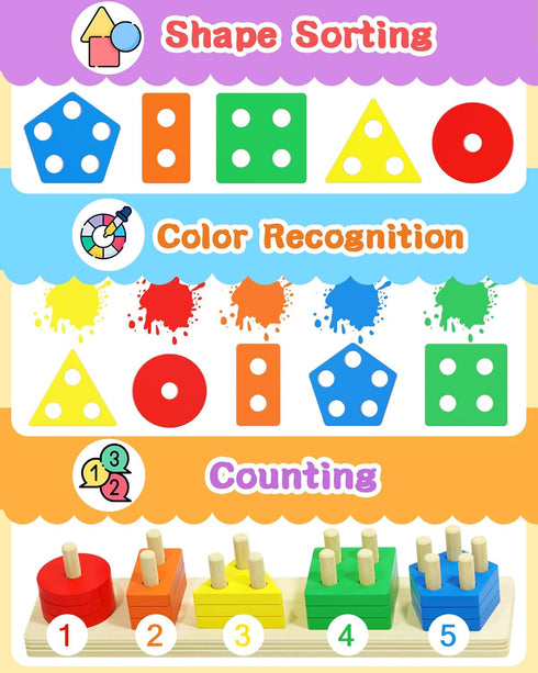 Montessori Toys for 1-3 Year Olds - Wooden Learning Puzzles Shape Sorter Toys for Toddlers Birthday Gifts