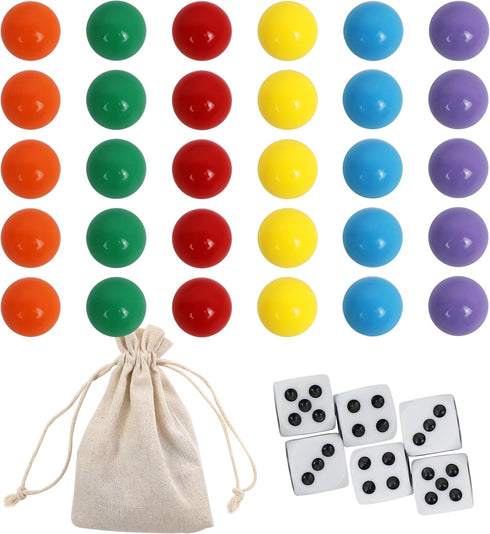 Large 18MM 30 Wahoo Board Game Replacement Marbles - 5 Each of 6 Colors, 6 Dice, and Play Bag for Aggravation Game