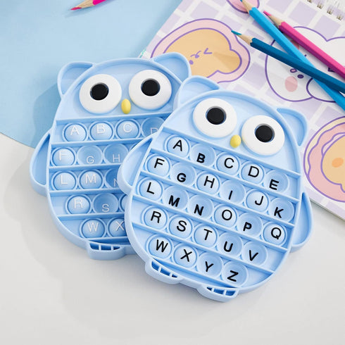 Push Pop Bubble Fidget Sensory Toy, ABC Alphabet Owl Shaped Educational Learning Tool for Kids (Black letters-blue)