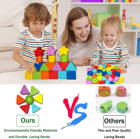Intsinzi 46PCS Montessori Lacing Beads, Threading Toys for Toddlers, Wooden Fine Motor Skills Educational Toy for 3-6