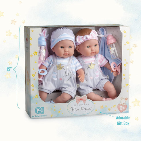 Berenguer Boutique 30050 TWINS - 15” Soft Body Baby Dolls - 12 Piece Gift Set with Open/Close Eyes