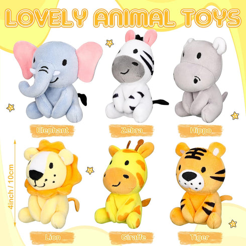 12 4" Pcs Mini Safari Stuffed Animals Bulk Jungle Plush Toys Giraffe Tiger Elephant Zebra Lion Forest Animals Keychains
