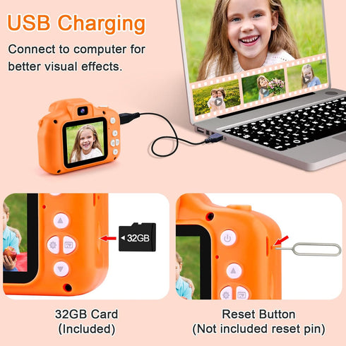 GKTZ Kids Digital Camera - Toys for Girls Age 3-8, Children Camcorder with 32GB SD Card, Birthday Gifts for 3-8 Year