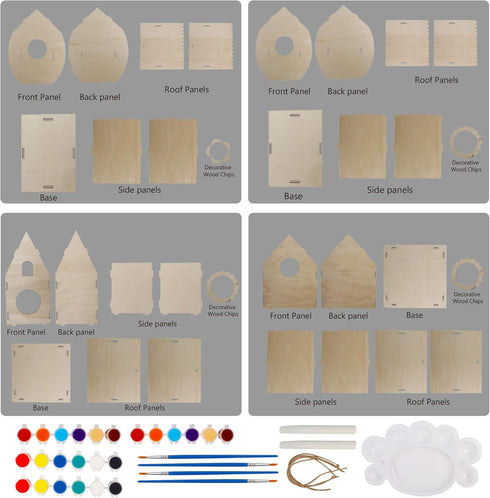 Glintoper Art Craft Wood Toys for Kids - 4 Pack DIY Bird House Kit, Build and Paint Birdhouse with Paints & Brushes