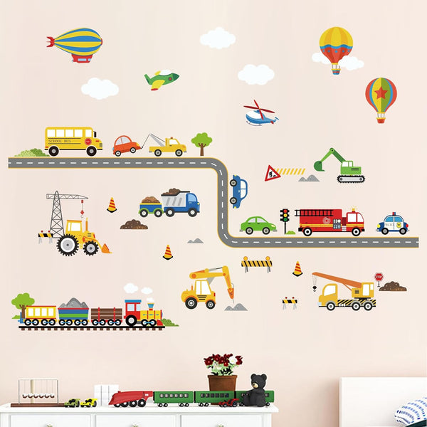 decalmile Construction Transportation Wall Decals, Kids Bedroom Wall Stickers for Baby Nursery Playroom Decor
