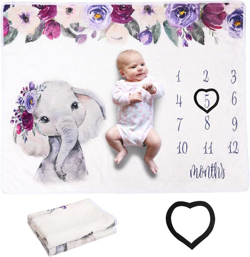 Elephant Newborn Baby Monthly Milestone Blanket, Organic Plush Fleece Photography Background Prop for Boy Girl