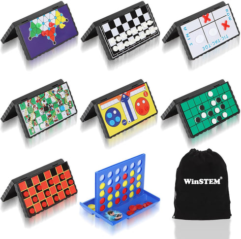 8-in-1 Set, 4 5.2'' Mini Travel Board Games Magnetic Checkers Game with Folding Magnet Board, in a Row Game, Compact