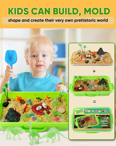 sikmcle Set 3-6+ Dinosaur Sensory Bin Toy for Toddlers and Play Sand for Kids Include Glow in The Dark Dinosaur Ages