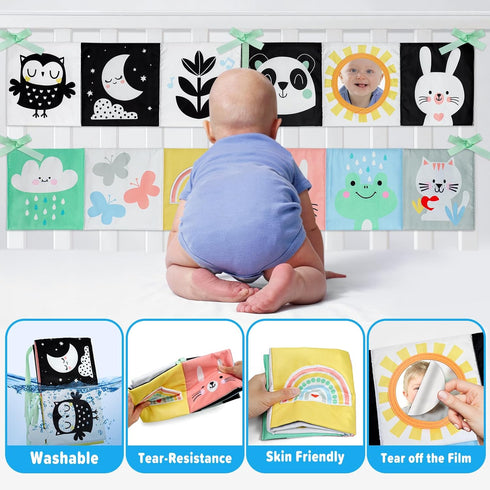 OKOOKO Black and White Baby Book, High Contrast Soft Toy for 0-6 Months, Tummy Time Crib Stroller Montessori