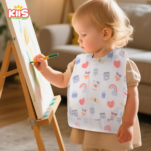KIIS Disposable Baby Bibs, Waterproof Smock Bibs, Full Coverage for Toddlers & Kids, Mess-Free Feeding for Travel