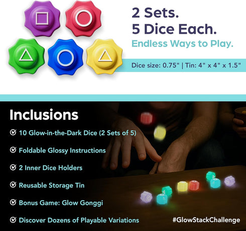 Set 4-in-1 Glow-in-The-Dark Dice Game Light-Up Party Dice for Kids & Adults Includes Korean Gonggi Game, Gift Tin
