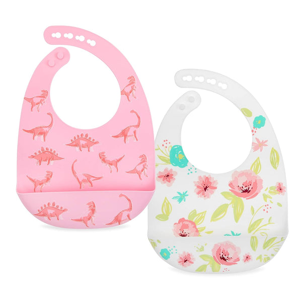 Nuby 2 Pack Adjustable Easy Clean Soft Silicone Bibs with Scoop, Pink