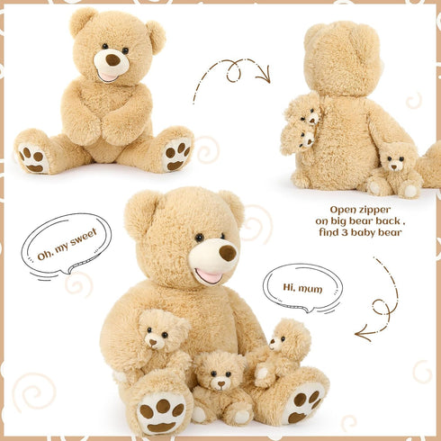 MorisMos 28 in Big Teddy Bear Stuffed Animal Mommy with 3 Baby Bears, 4 Packs Classic Brown Plush Toy Set