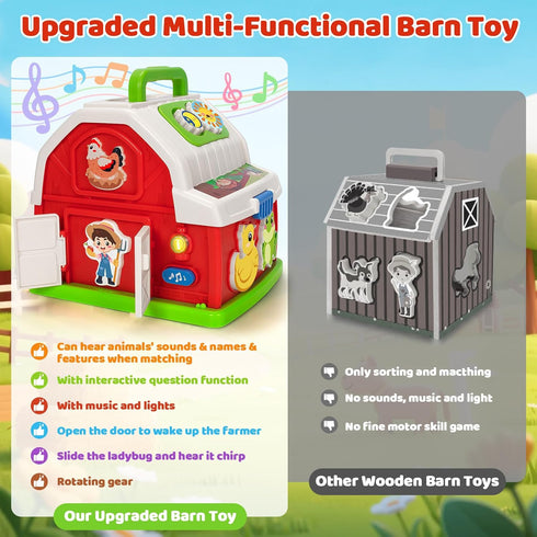 1 2 3 set 12-18 Montessori Toys for Year Old Boys Girls, Musical Barn Farm Animal for Toddler, Shape Sorting