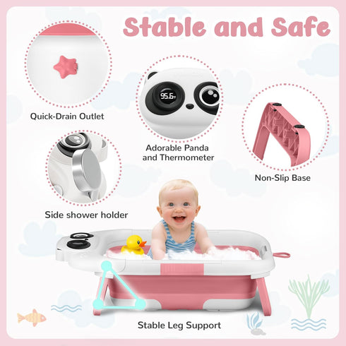 LAUJIA Pink Foldable Baby Bathtub with Cushion & Kneeling Pad, Large Infant Bath Tub with Thermometer & Support Pillow