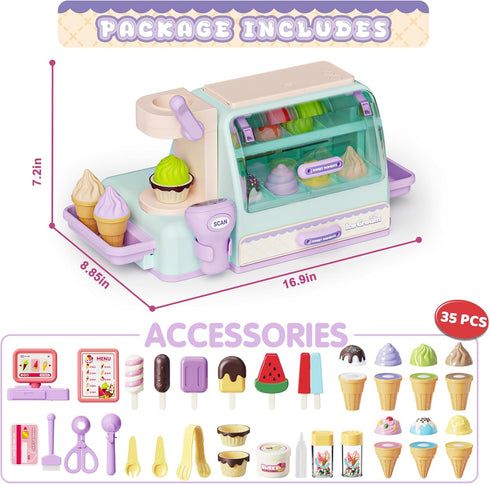 3 4 5 6 Counter Playset 3 4 5 6 Ice Cream Toy for Year Old Girls, Play Ice Cream Shop for Kids, Ice Scoop, Play Casiher