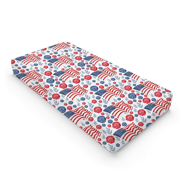 American Flag Blue Red Floral Diaper Changing Pad Covers, 32''x16'' Patriotic for Boy Girl, Soft Breathable Sheets