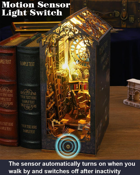 OMEPEA 3D DIY Book Nook Kit Decor - Wooden Puzzle Bookshelf Decor with LED, Bookend Diorama DIY Miniature Dollhouse Kit