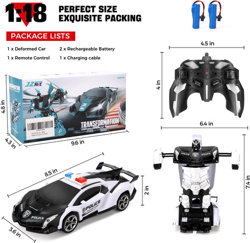 Transform RC Cars for Boys 4-12 - 2.4Ghz 1:18 Scale Remote Control Car Transforming Robot Toy Gifts for Boys 3-5, White
