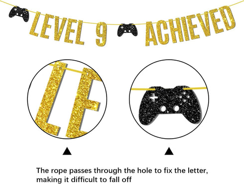 Game on Level 9 Achieved Banner, Glittery Hanging Sign for 9th Birthday Party Decorations