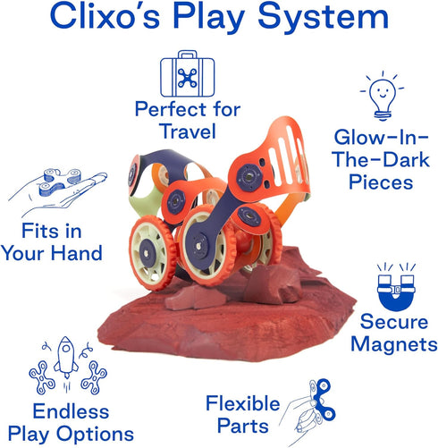 Clixo Mars Rover Pack - Glow-in-The-Dark Wheels Magnetic Building Toy with 30 Flexible Magnet Pieces for Kids Ages 6+