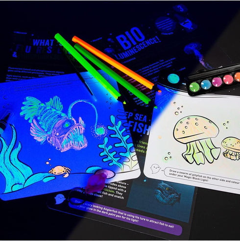 Micador Dark Arts Glow STEAM Activity Packs, Science of Light - Neon Color Pencils, Glow-in-The-Dark Paint