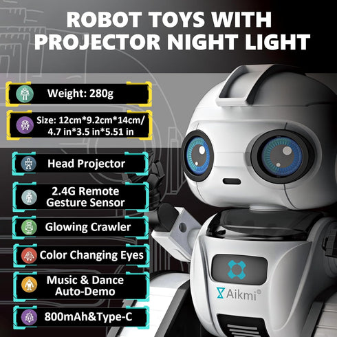 Aikmi 5-7, 6 Robot Toys for Kids Rechargeable Remote Control Robot with Projector Night Light for Kids, Gesture Sensor
