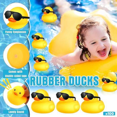 100 Chivao Pcs Rubber Ducks with Sunglasses in Bulk Mini Yellow Rubber Duck Gifts Squeak Bath Float Bathtub Toys