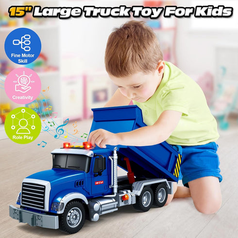 Kids Toys for 3-8 Years Old - 15" Large Dump Truck Toy with Lights & Sounds, Blue Friction Powered Vehicle for Boys &