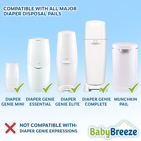 BabyBreeze Diaper Pail Refill Bags, Compatible with Playtex Diaper Genie Pails, Odor Absorbing Disposal Bags - 1400