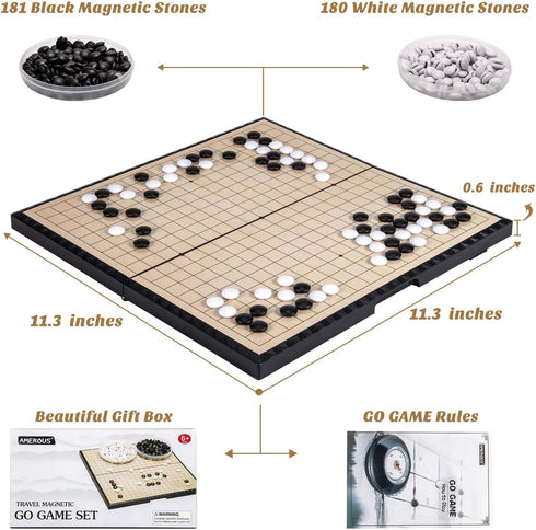 AMEROUS 11 Inches Magnetic Go Game Set - Travel Foldable Board Game with Magnetic Stones & Rules for Beginners