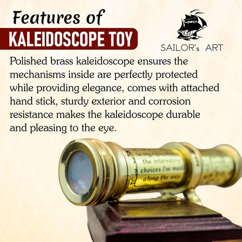 Polished Brass Kaleidoscope with Handheld Stick & Wooden Box, Vintage Educational Collection, 5.5 Inch Antique Gift