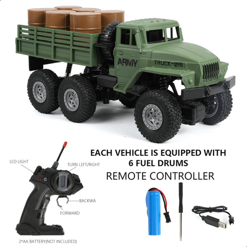 1:18 50 2.4Ghz 4WD RC Military Truck with Cans, Min Playtime Remote Control Car, Off-Road Vehicle, All Terrain Toy