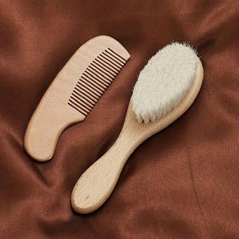 POLICK 2pcs Baby Care Hair Brush Beech Soft Wool Wood Comb Newborn Massager
